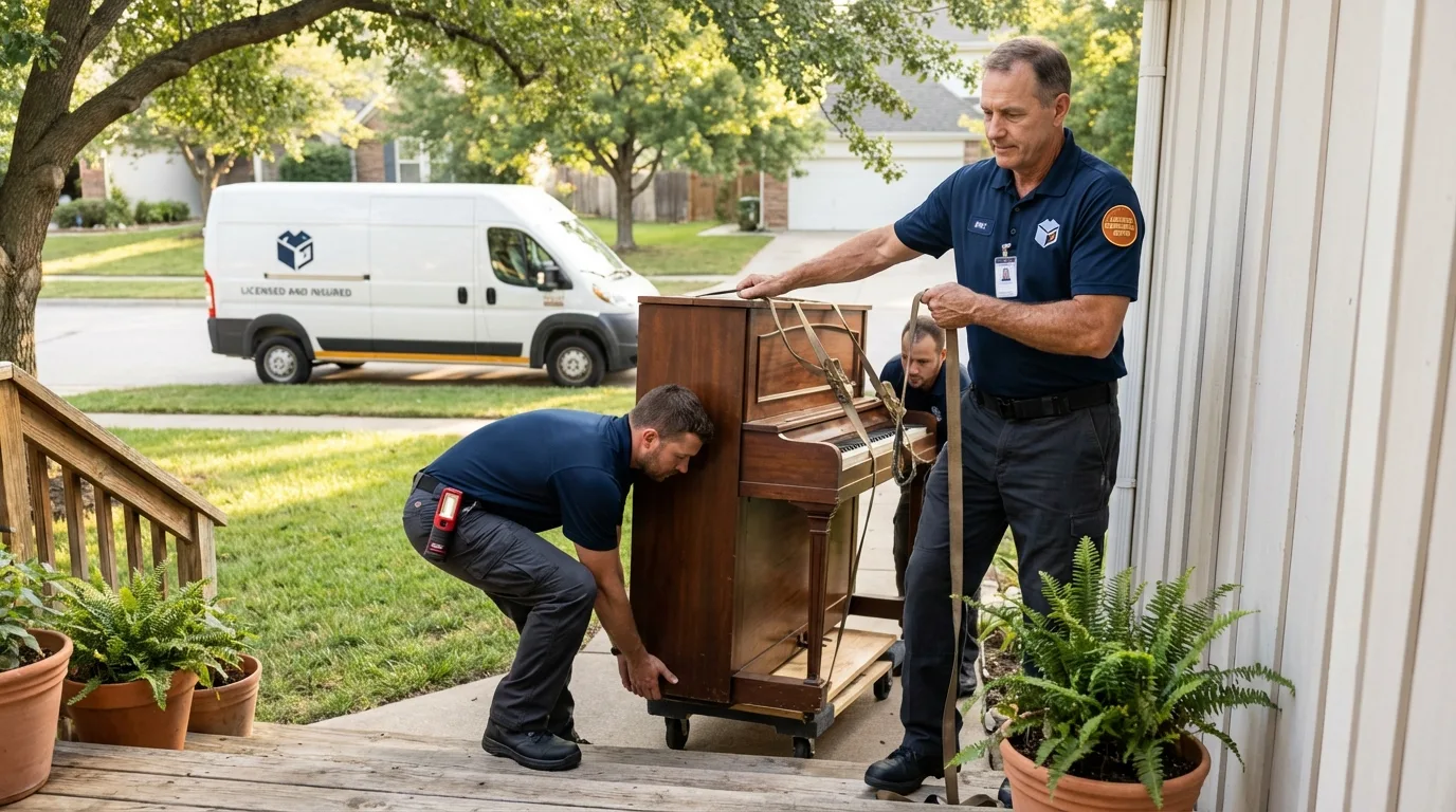 Licensed piano movers securing grand piano in Bristol, NH