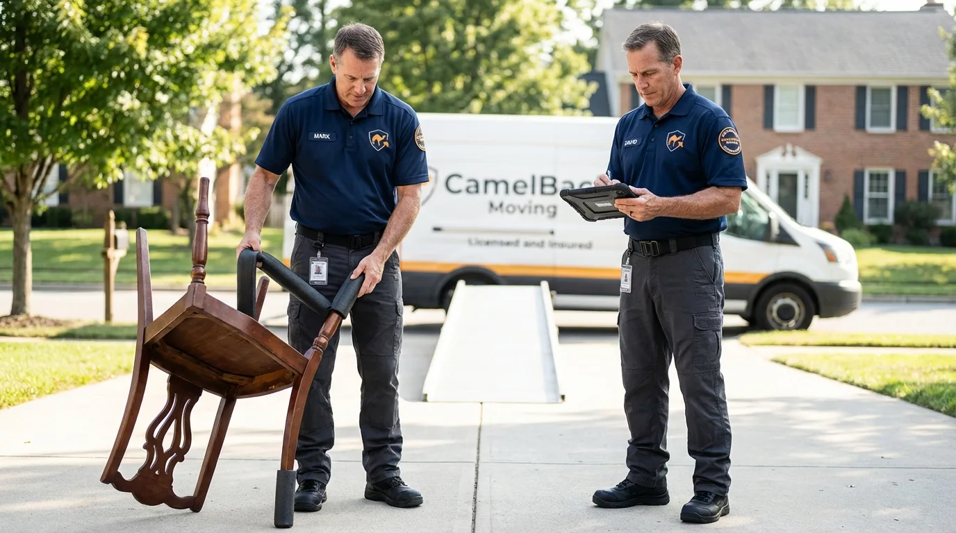 Movers inspecting furniture for damage prevention before loading in Bristol, NH