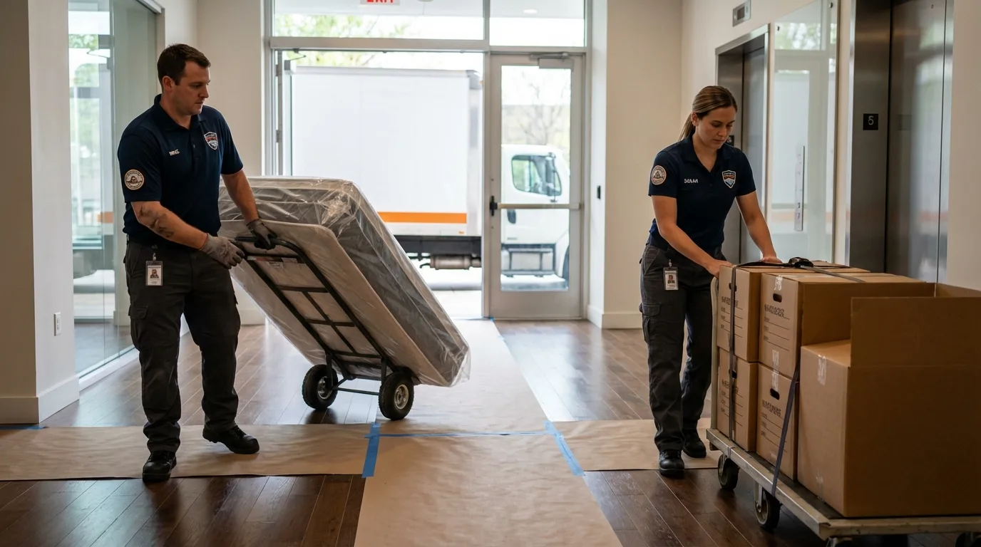 Professional apartment movers loading elevator in Bristol, NH